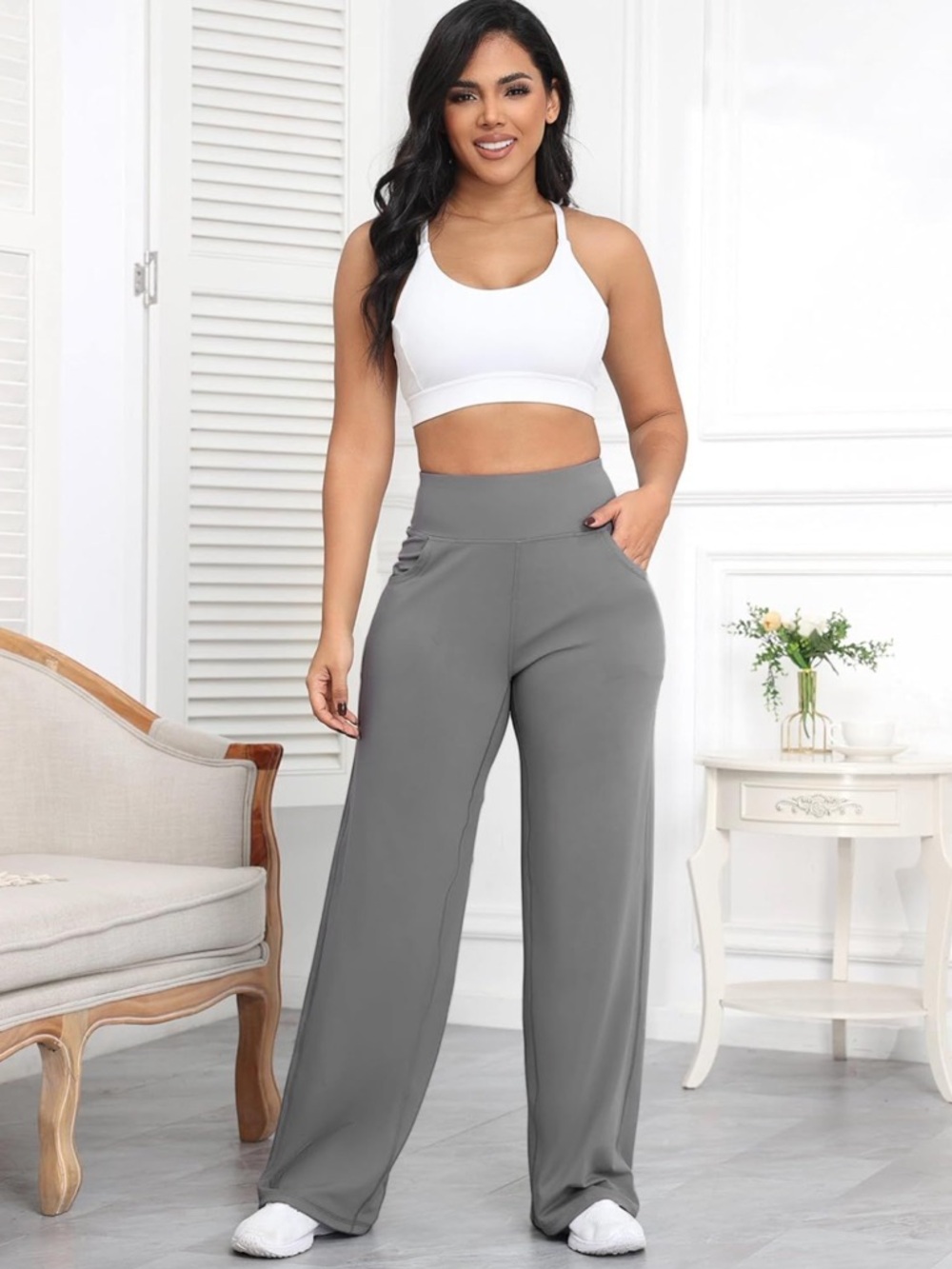Wide Leg Pants Gray M High Waist Yoga Work Lounge Pants w Pockets NWT - Picture 2 of 4